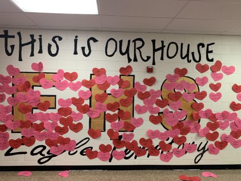 Red and pink paper hearts of FHS students in the 400 hallway. 