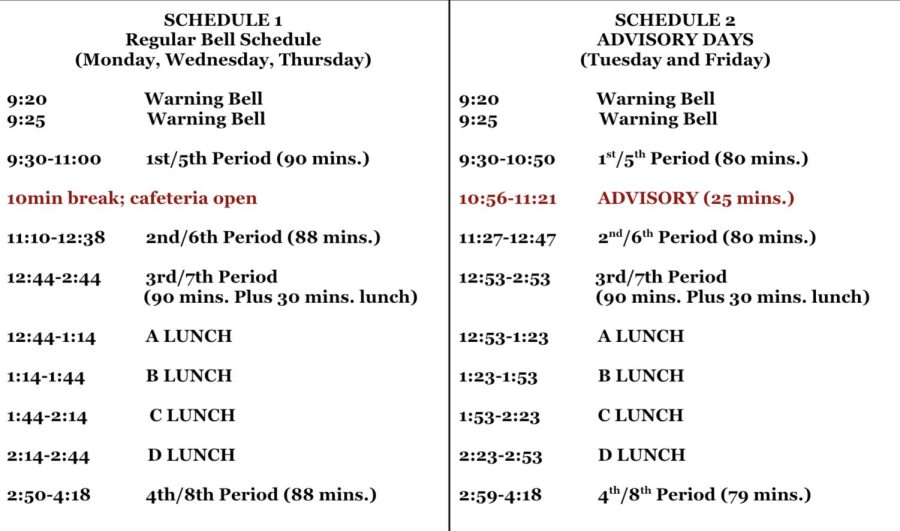 This years updated bell schedule for normal school days and advisory days. 