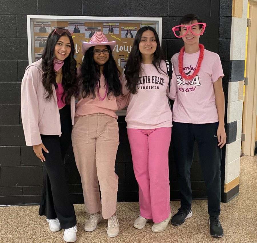 SCA+members%2C+Priyanka+Patel%2C+Rashmi+Admala%2C+Gurnasib+Rataul+and+Ryan+Delvecchio+showing+off+their+pink+on+Pink+Out+Day.