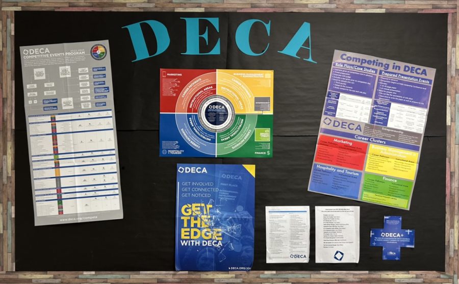 The DECA bulletin board in room 407, showcasing the different aspects of the club and how to get involved.