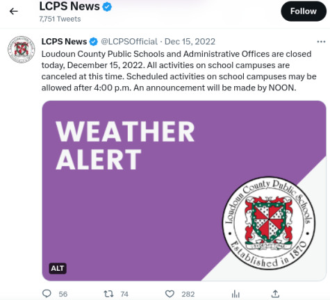 Screenshot of Loudoun Countys Twitter announcement on school being closed due to snow on December 15, 2022.