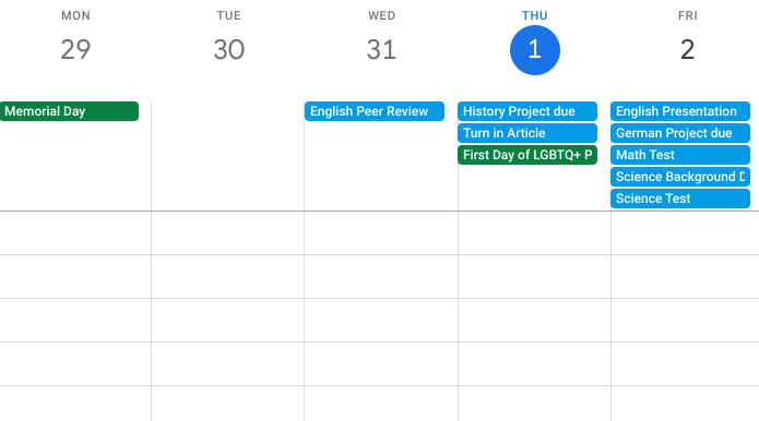 Photo of a student's workload near the end of the quarter with multiple assignments due within a short period of time.