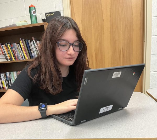 Brianna Stoddard using her school issued computer. Photo by Reyna Kim.