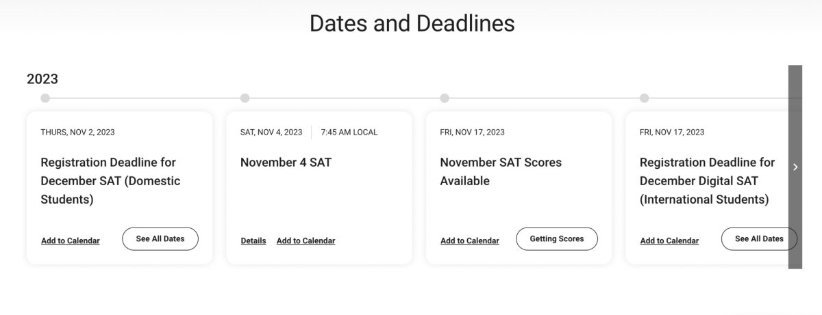 The homepage of the College Board website to sign up for upcoming SAT dates and deadlines. Photo credit to College Board.