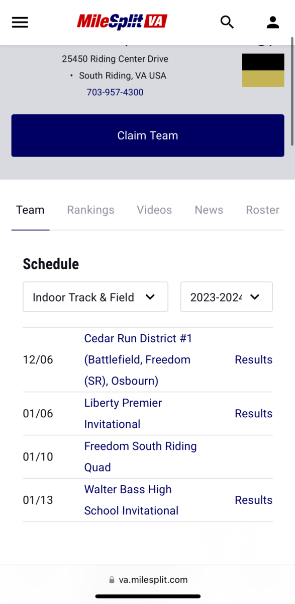Quick view of Freedom High School (South Riding) 2023-2024 winter track meet schedule 