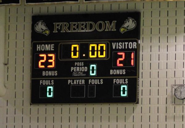 The final score in the Seniors vs. Staff Basketball Game.