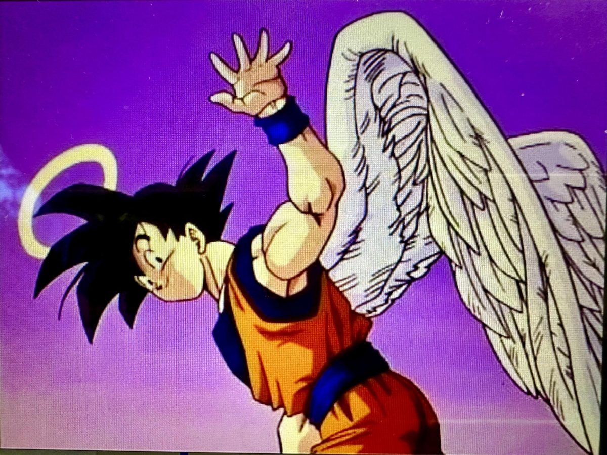 Dragon Ball Z main character, Goku, has a pair of wings and a halo to represent Akira Toriyama passing.
