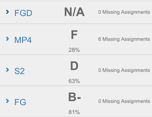 Screenshot of a seniors fourth quarter grades.