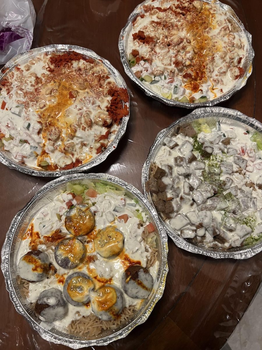 Naz’s Halal Orders (all w/ extra white sauce): 

Top Row: Two Chicken over Rice  
Bottom Row: Falafel over Rice  & Lamb over Rice   