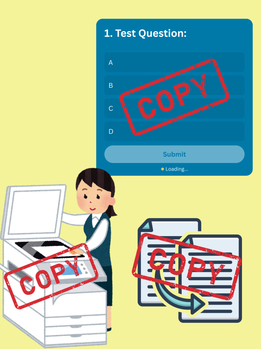 Graphic depicts the action of teachers copying tests from other teachers. 