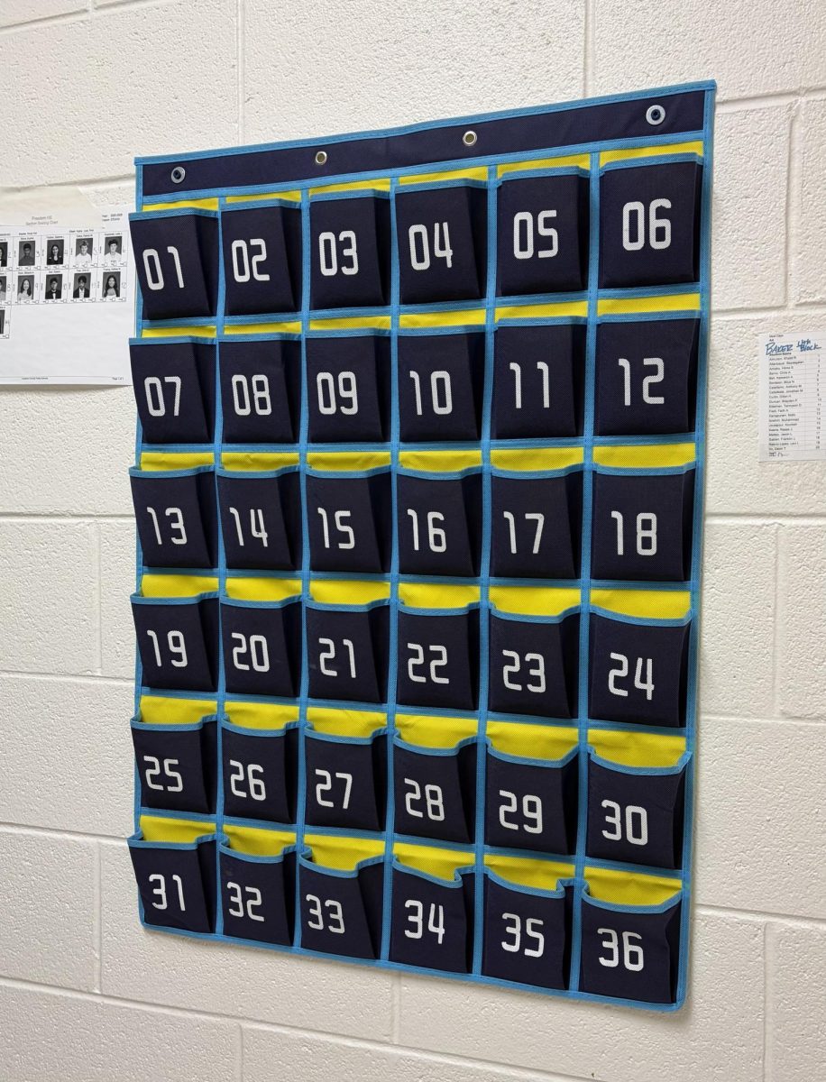 Caddy to store phones during class in Dana Baker's classroom.